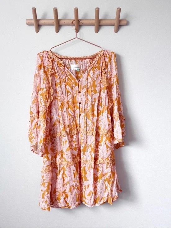 Anthropologie Mia Tiered Boho Ruffle Peasant Tunic Top - Yellow Floral - Picture 3 of 12